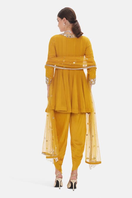 Basanti Kapde aur Koffee Marigold Honey Peplum Kurta Dhoti Pant Set 
