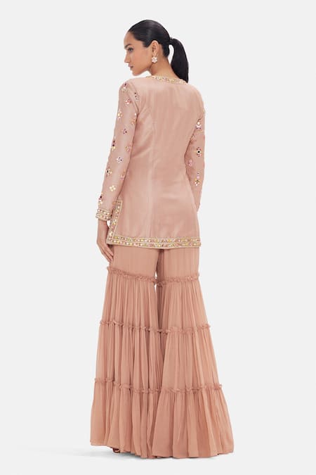 Basanti Kapde aur Koffee Mirror Work Rose Champagne Tissue Kurta Sharara Set 