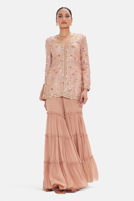 Basanti Kapde aur Koffee Mirror Work Rose Champagne Tissue Kurta Sharara Set 