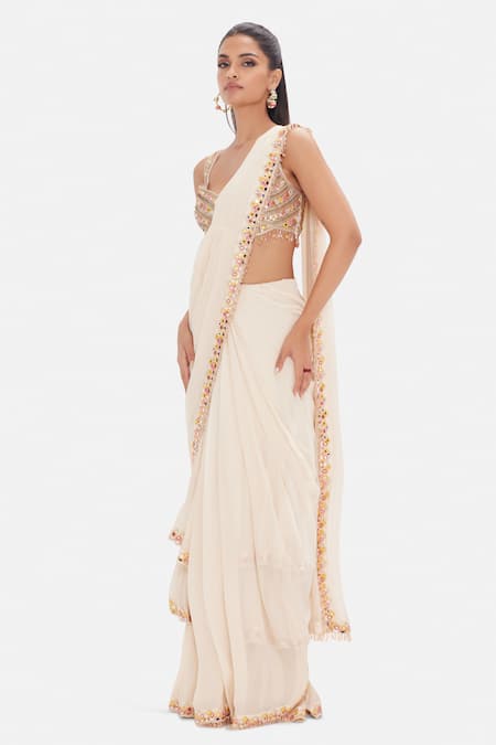 Basanti Kapde aur Koffee_Pink Silk, Georgette Sequins, Beads, Prism Symphony Pre-draped Saree With Blouse _Online_at_Aza_Fashions