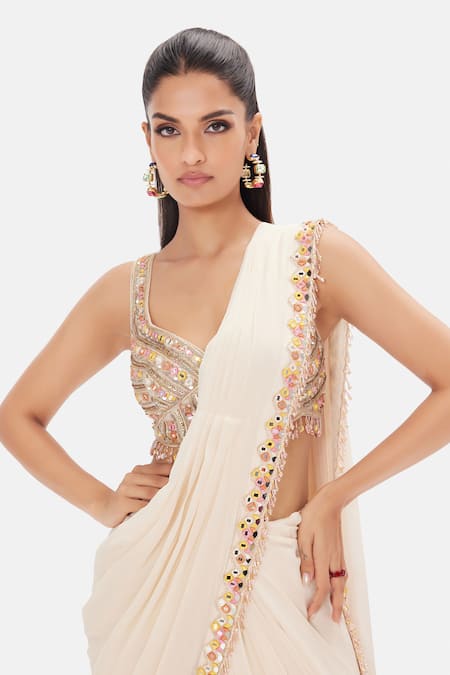 Buy_Basanti Kapde aur Koffee_Pink Silk, Georgette Sequins, Beads, Prism Symphony Pre-draped Saree With Blouse _Online_at_Aza_Fashions