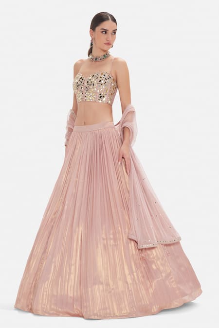 Buy_Basanti Kapde aur Koffee_Pink Silk Zari, Mirrors, Sequins Sweetheart Neck Liquid Blush Lehenga Set _Online_at_Aza_Fashions