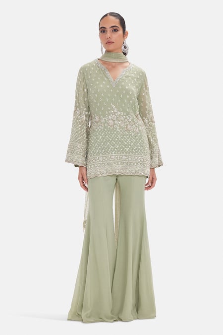 Basanti Kapde aur Koffee Pista Shimmer Georgette Kurta Sharara Set 