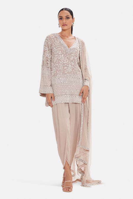 Basanti Kapde aur Koffee Crystal Georgette Kurta Set with Dhoti Pant 