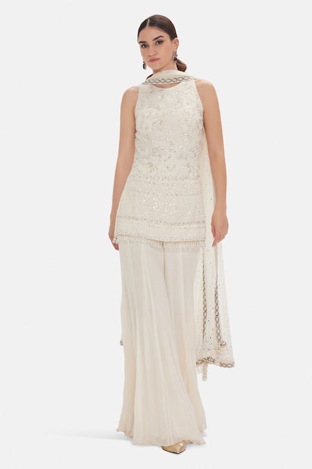 Buy Basanti Kapde aur Koffee Ivory Georgette Sequins, Beads Round Neck, Yes Glace Kurta Sharara Set Online at Aza Fashions Buy_Basanti Kapde aur Koffee_Ivory Georgette Sequins, Beads Round Neck, Yes Glace Kurta Sharara Set _Online_at_Aza_Fashions