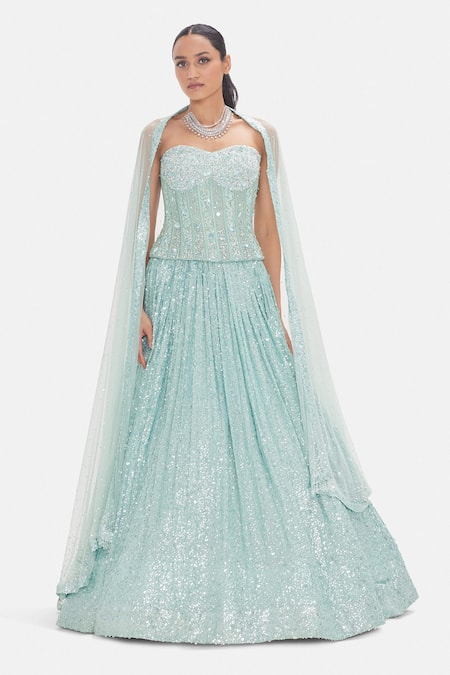 Basanti Kapde aur Koffee Aquamarine Dream Corset Lehenga Set 
