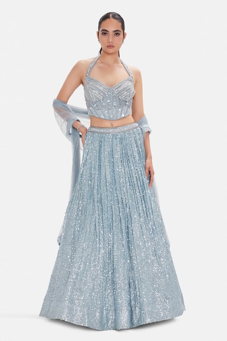 Basanti Kapde aur Koffee Ice Comet Georgette Corset Lehenga Set with Dupatta 