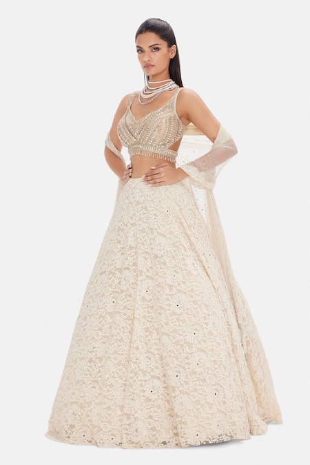 Basanti Kapde aur Koffee_Ivory Net Sequins, Beads, Stones Sweetheart Neck Nymph Lehenga Set _Online_at_Aza_Fashions