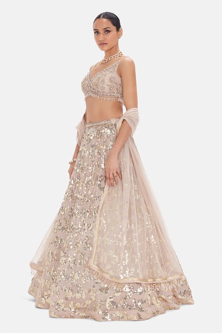 Basanti Kapde aur Koffee_Peach Georgette Sequins, Beads, Pearls The Palatial Elegance Lehenga Set _Online_at_Aza_Fashions