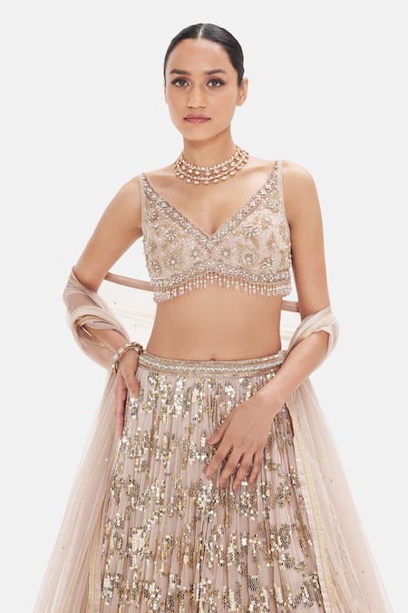 Buy_Basanti Kapde aur Koffee_Peach Georgette Sequins, Beads, Pearls The Palatial Elegance Lehenga Set _Online_at_Aza_Fashions
