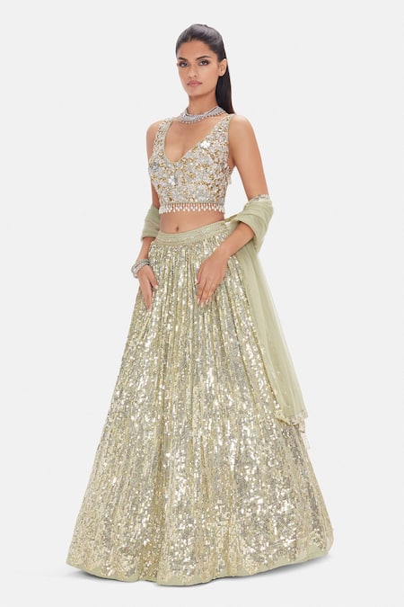 Basanti Kapde aur Koffee_Green Georgette Sequins, Beads, Pearls Scoop Neck Soft Moss Lehenga Set _Online_at_Aza_Fashions