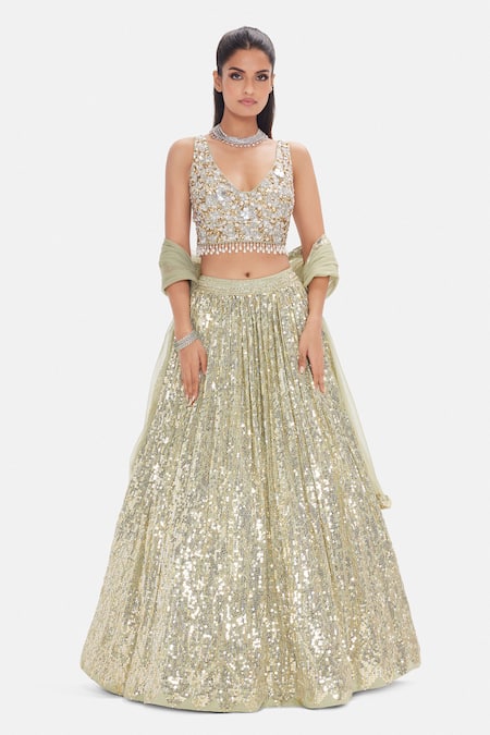 Basanti Kapde aur Koffee Soft Moss Sequins Lehenga Set 