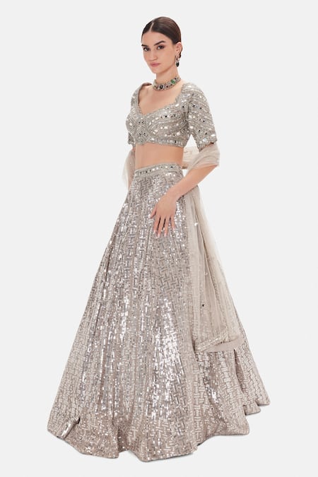 Basanti Kapde aur Koffee_Silver Silk Sequins, Beads, Pearls, Mirrors V-neck, Square Odyssey Lehenga Set _Online_at_Aza_Fashions