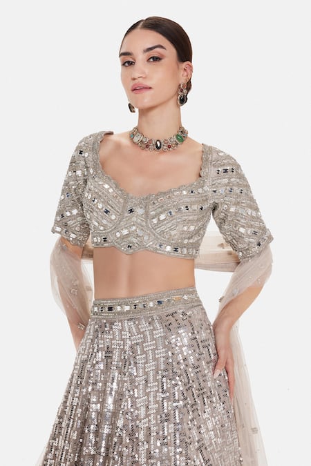 Buy_Basanti Kapde aur Koffee_Silver Silk Sequins, Beads, Pearls, Mirrors V-neck, Square Odyssey Lehenga Set _Online_at_Aza_Fashions