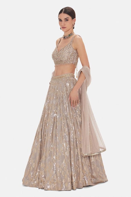 Basanti Kapde aur Koffee_Gold Georgette Sequins, Beads, Stones, Crystals Muted Embroidered Lehenga Set _Online_at_Aza_Fashions