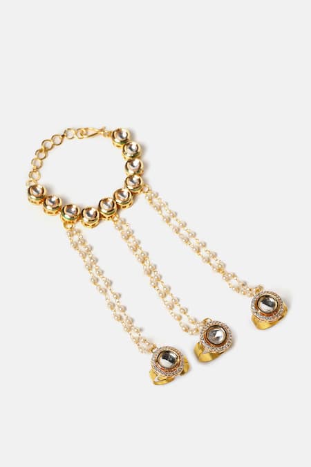 Ruby Raang_White Pearls, Stones Kundan Embellished Haathphool - Single Pc _Online_at_Aza_Fashions