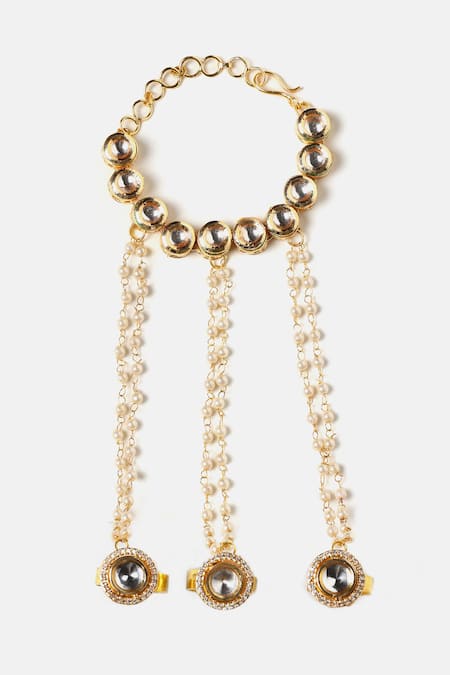 Shop_Ruby Raang_White Pearls, Stones Kundan Embellished Haathphool - Single Pc _Online_at_Aza_Fashions