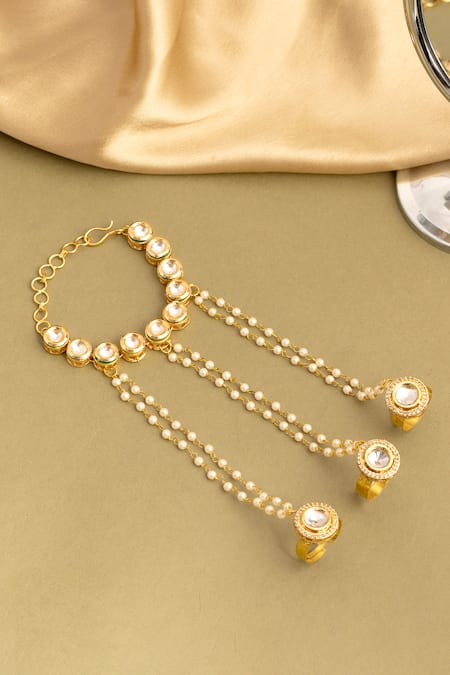 Ruby Raang Kundan Pearl Embellished Haathphool - Single Pc 