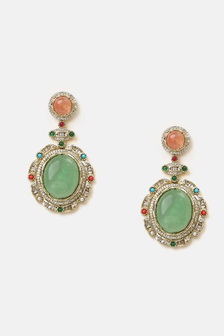 Ruby Raang_Green Beads, Pearls, Stones, Crystals Kundan Studded Pendant Necklace Set _Online_at_Aza_Fashions