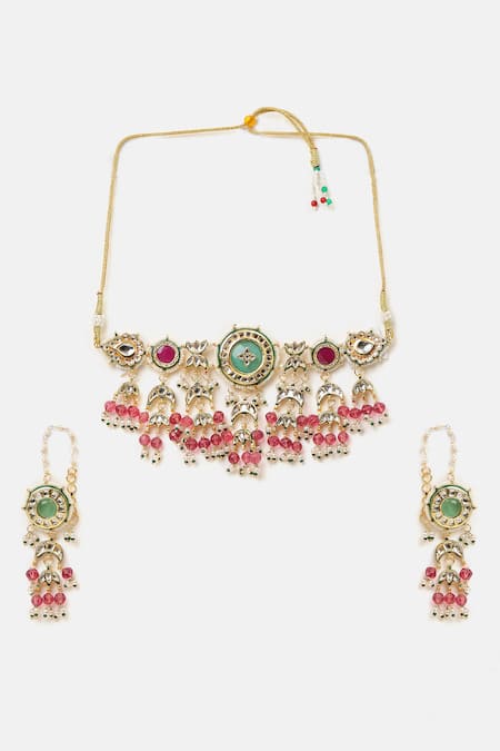 Shop_Ruby Raang_Multi Color Beads, Pearls, Stones Kundan Embellished Necklace Set _Online_at_Aza_Fashions