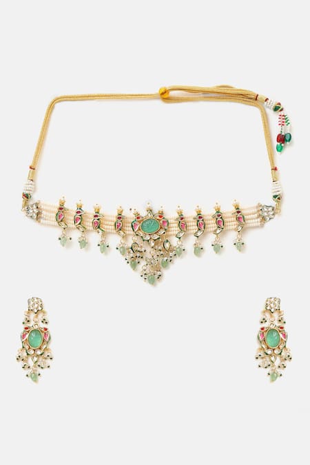 Shop_Ruby Raang_Multi Color Beads, Pearls, Stones Kundan Embellished Necklace Set _Online_at_Aza_Fashions