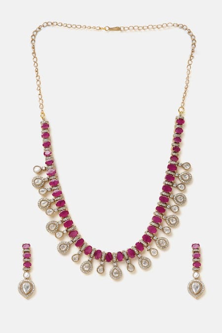 Ruby Raang_Pink Stones Kundan Embellished Necklace Set _at_Aza_Fashions