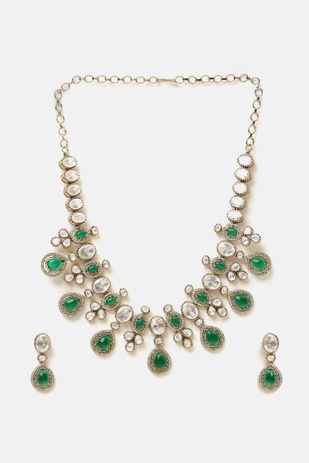 Ruby Raang_Green Stones, Pearls Kundan Studded Necklace Set _at_Aza_Fashions