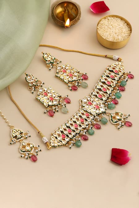 Ruby Raang Kundan Embellished Choker Necklace Set 