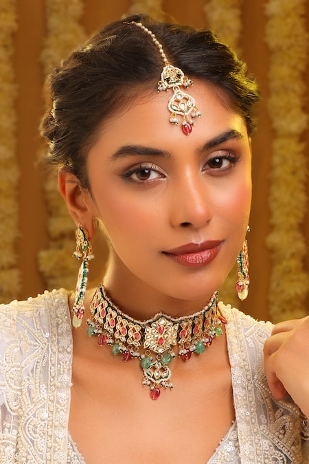 Ruby Raang Kundan Embellished Choker Necklace Set 