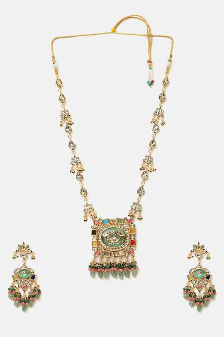 Shop_Ruby Raang_Pink Beads, Pearls, Stones, Crystals Kundan Embellished Pendant Necklace Set _Online_at_Aza_Fashions