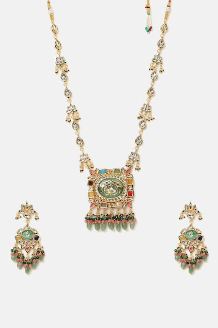 Ruby Raang_Pink Beads, Pearls, Stones, Crystals Kundan Embellished Pendant Necklace Set _at_Aza_Fashions