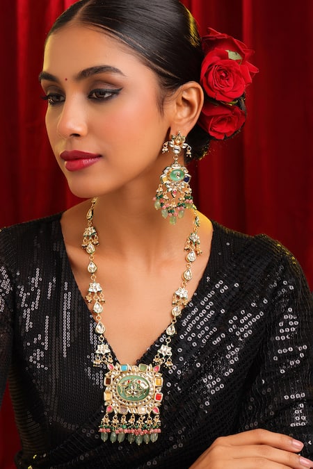 Ruby Raang Kundan Embellished Pendant Necklace Set 