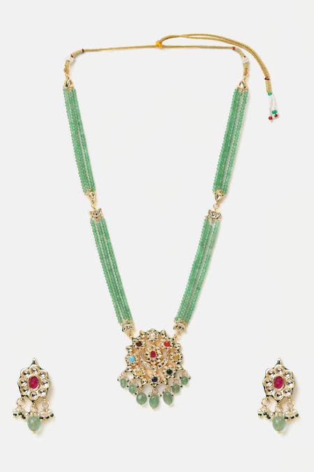 Shop_Ruby Raang_Green Beads, Stones, Pearls Kundan Embellished Layered Pendant Necklace Set _Online_at_Aza_Fashions