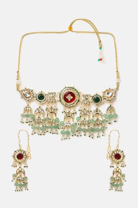 Ruby Raang_Gold Plated Beads, Pearls, Stones Kundan Embellished Choker Set _at_Aza_Fashions
