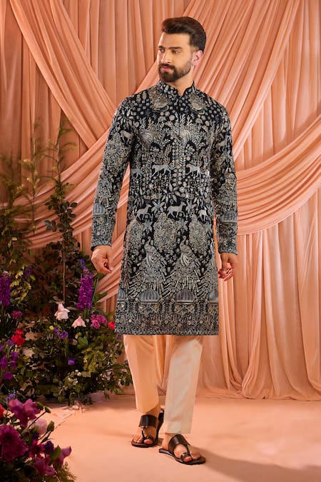 Shop_Kasbah_Blue Georgette Zari, Sequins Embroidered Kurta _Online_at_Aza_Fashions
