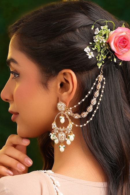 Ruby Raang Kundan Pearl Embellished Pair of Ear Chains 