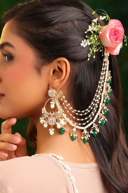 Ruby Raang Kundan Pearl & Green Beads Pair of Ear Chains 