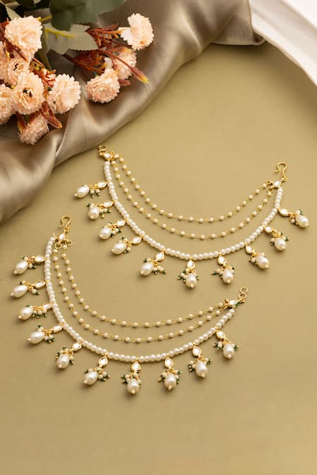 Ruby Raang Handmade Kundan Pearl Pair of Ear Chains 