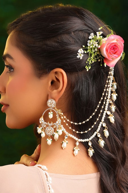 Ruby Raang Handmade Kundan Pearl Pair of Ear Chains 