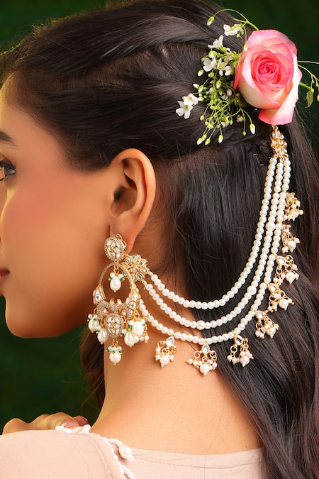 Ruby Raang Handmade Kundan Pearl Pair of Ear Chain 