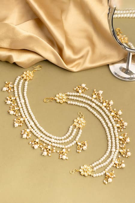 Ruby Raang Handmade Kundan Pearl Pair of Ear Chain 