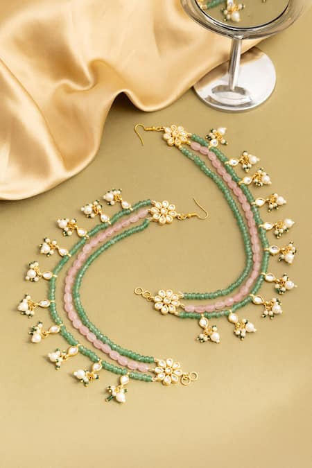 Ruby Raang Kundan Pearl Beaded Pair of Ear Chain 