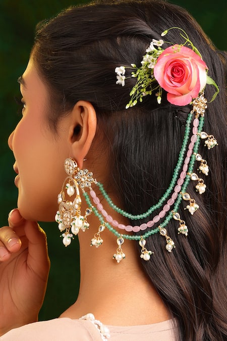 Ruby Raang Kundan Pearl Beaded Pair of Ear Chain 