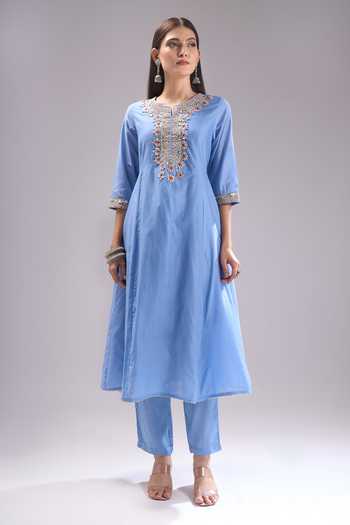 Samyukta Singhania_Sky Blue Chanderi Silk, Shantoon, Chiffon Gota Patti, Lace, Anarkali Suit Set_Online_at_Aza_Fashions