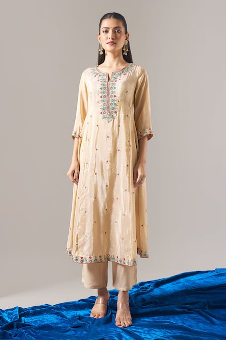 Buy Samyukta Singhania Beige Tissue, Shantoon, Chiffon Embroidery, Zari, Mirrors, Shimmer Kurta Set Online at Aza Fashions Buy_Samyukta Singhania_Beige Tissue, Shantoon, Chiffon Embroidery, Zari, Mirrors, Shimmer Kurta Set _Online_at_Aza_Fashions