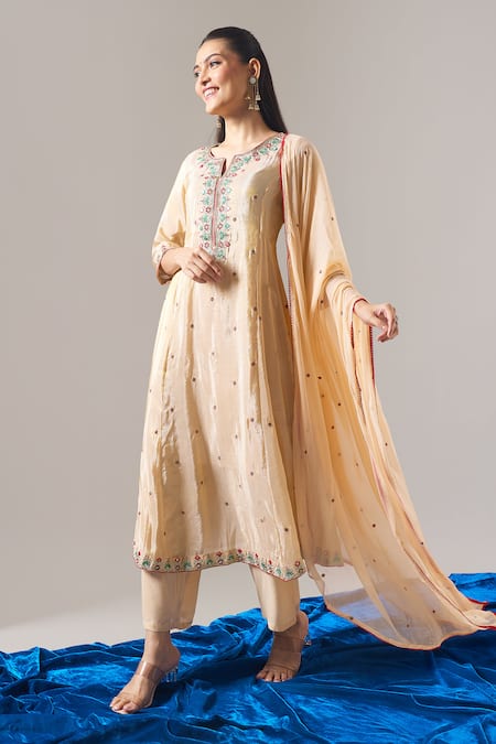 Shop Samyukta Singhania Beige Tissue, Shantoon, Chiffon Embroidery, Zari, Mirrors, Shimmer Kurta Set Online at Aza Fashions Shop_Samyukta Singhania_Beige Tissue, Shantoon, Chiffon Embroidery, Zari, Mirrors, Shimmer Kurta Set _Online_at_Aza_Fashions