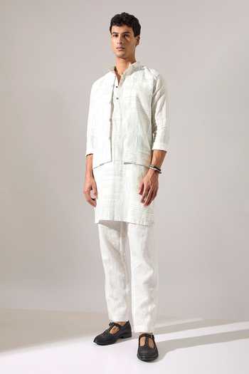 Son Of A Noble Snob White Linen Cameron Dot Print Bundi at Aza Fashions Son Of A Noble Snob_White Linen Cameron Dot Print Bundi _at_Aza_Fashions