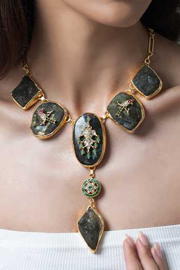 Joules by Radhika_Gold Plated Stones, Crystals, Drop Long Necklace _Online_at_Aza_Fashions