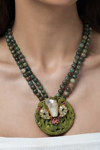 Joules by Radhika_Green Beads, Pearls, Stones, Crystals Dual-strand Artistic Long Necklace _Online_at_Aza_Fashions