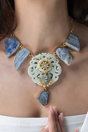 Joules by Radhika_Blue Stones, Crystals Carved Imperial Necklace _Online_at_Aza_Fashions